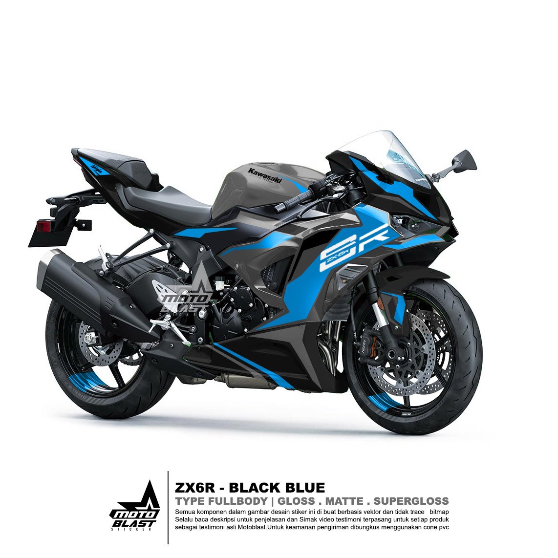Decal stiker ZX6R 2023 Black Blue Fullbody Motoblast - Gambar 3